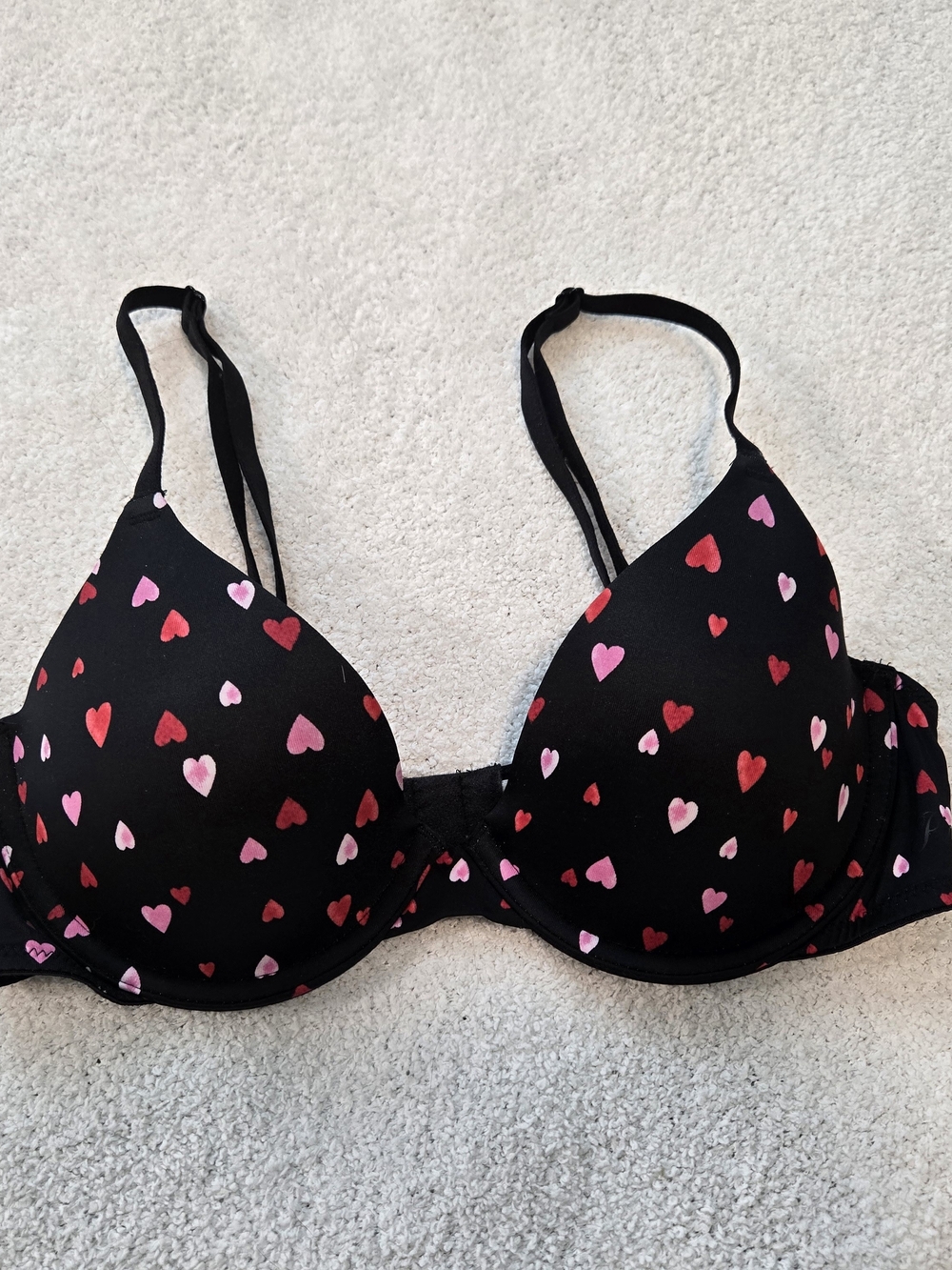 Pink Victoria's Secret Black T-shirt Bra with Pink and Red Heart Print